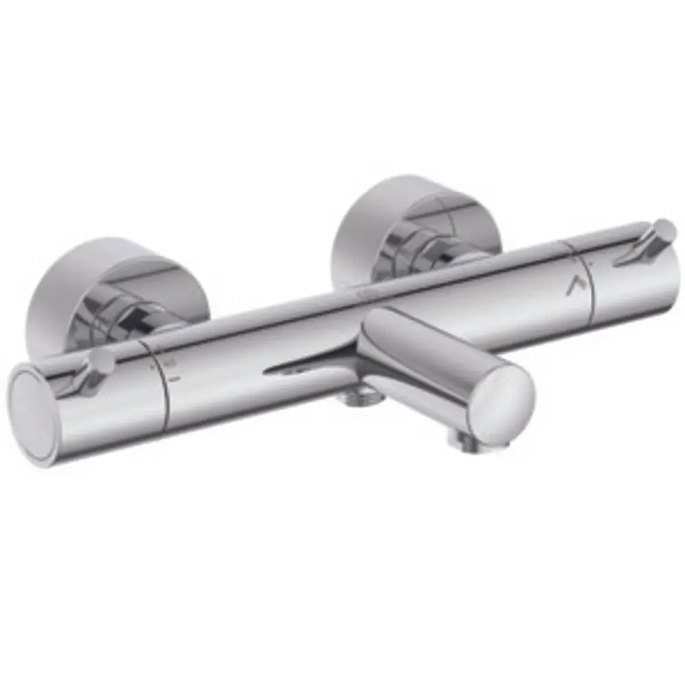 Thermostatarmatur zur Wandmontage in Chrom-Optik von Ideal Standard mit zwei runden Regelknöpfen für Temperatur- und Wasserflussregelung.